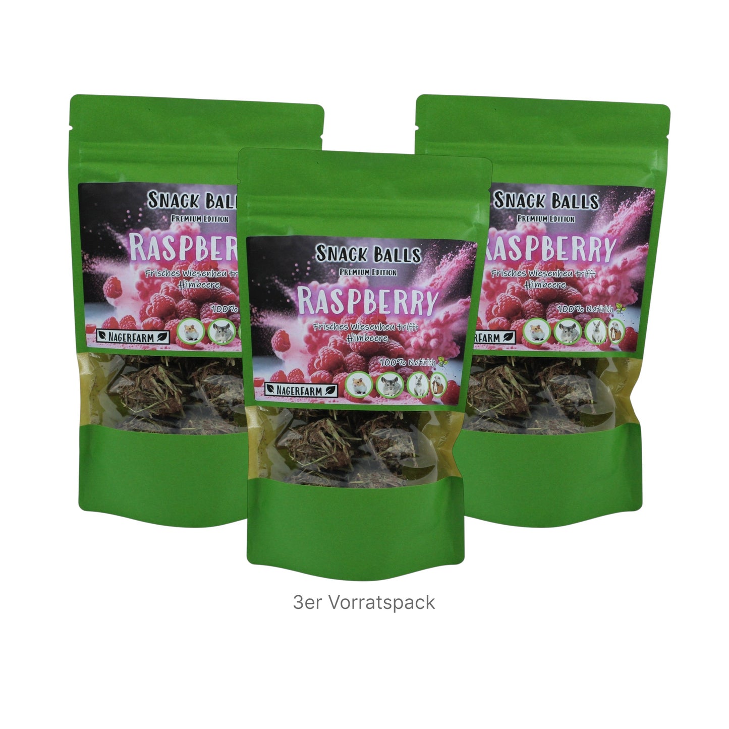 Nagerfarm Snack Balls Premium Raspberry flavour, natural hay and raspberry treats for rabbits and guinea pigs.