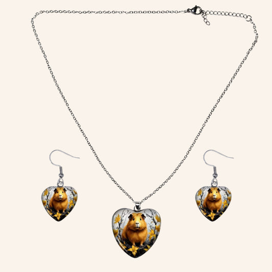Herzmoment – 🐹💛 Meerschweinchen Schmuckset – Herz-Halskette & Ohrringe im harmonischen Design | Luxusschweine