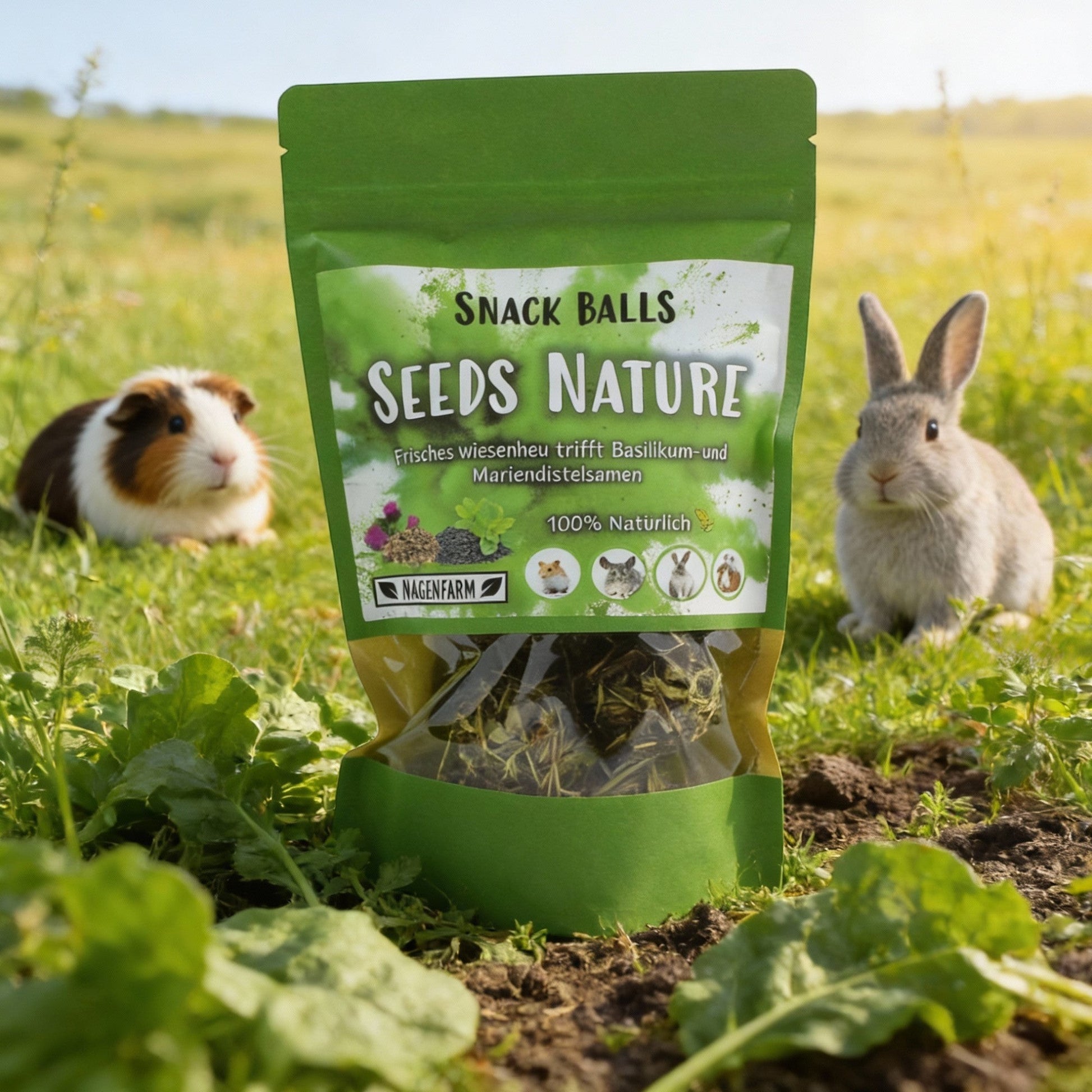 Nagerfarm Snack Balls Seeds Nature, a healthy hay-based snack for guinea pigs and rabbits with dill and nettle.