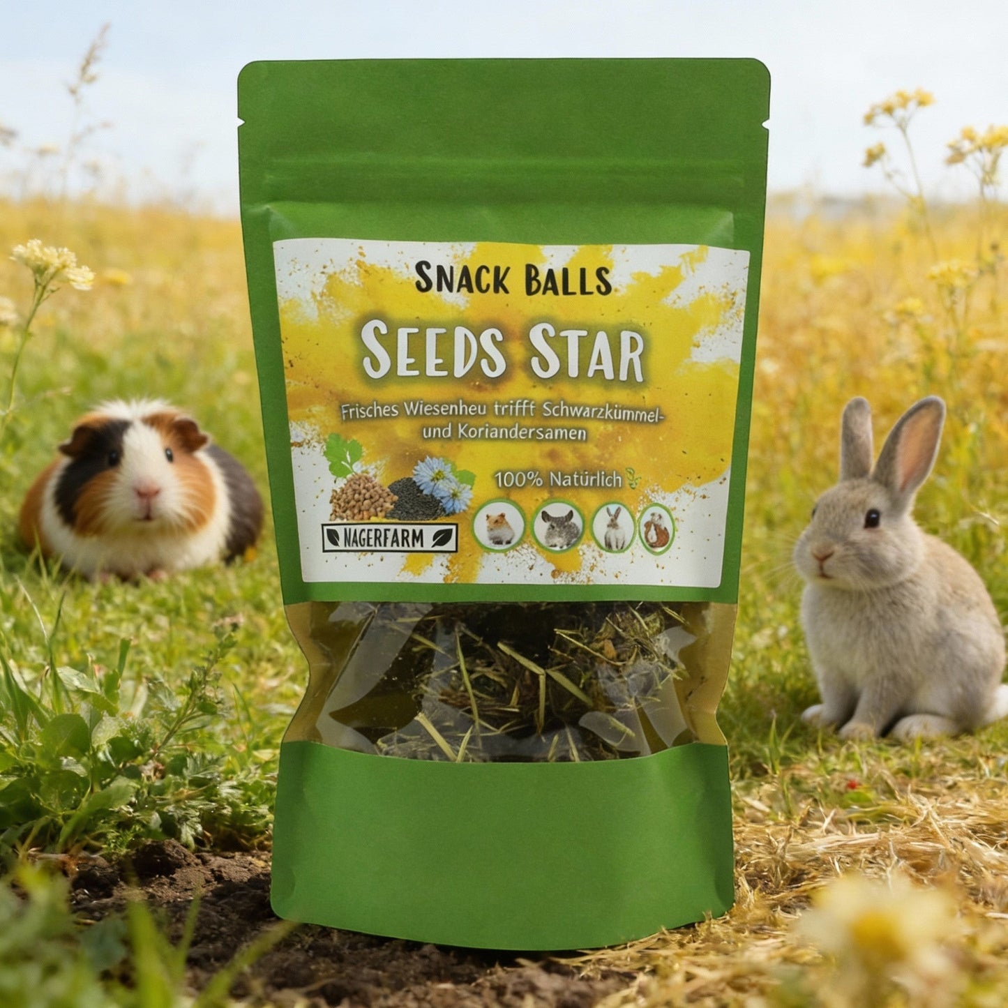 Nagerfarm Seeds Star snack balls for guinea pigs and rabbits, made with meadow hay, black cumin, and coriander seeds.