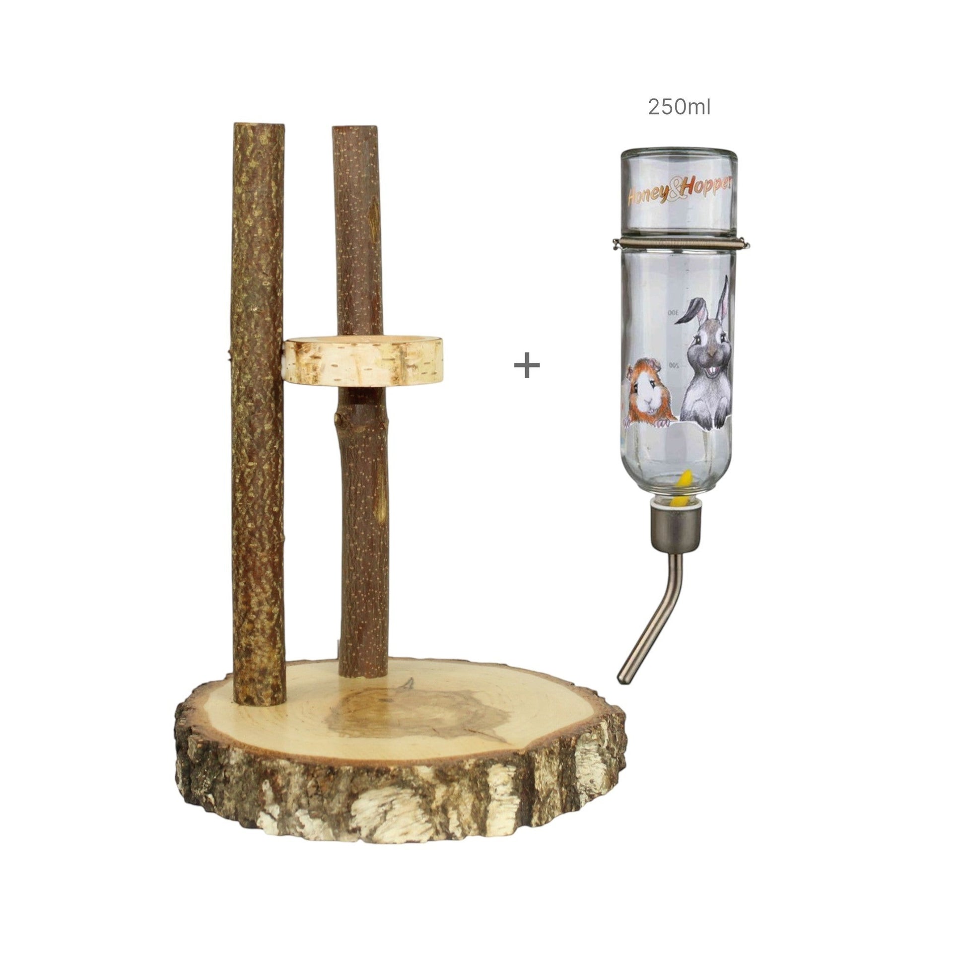 Nagerfarm natural wood small animal drinking station with 250ml glass bottle featuring cute guinea pig and rabbit graphics.