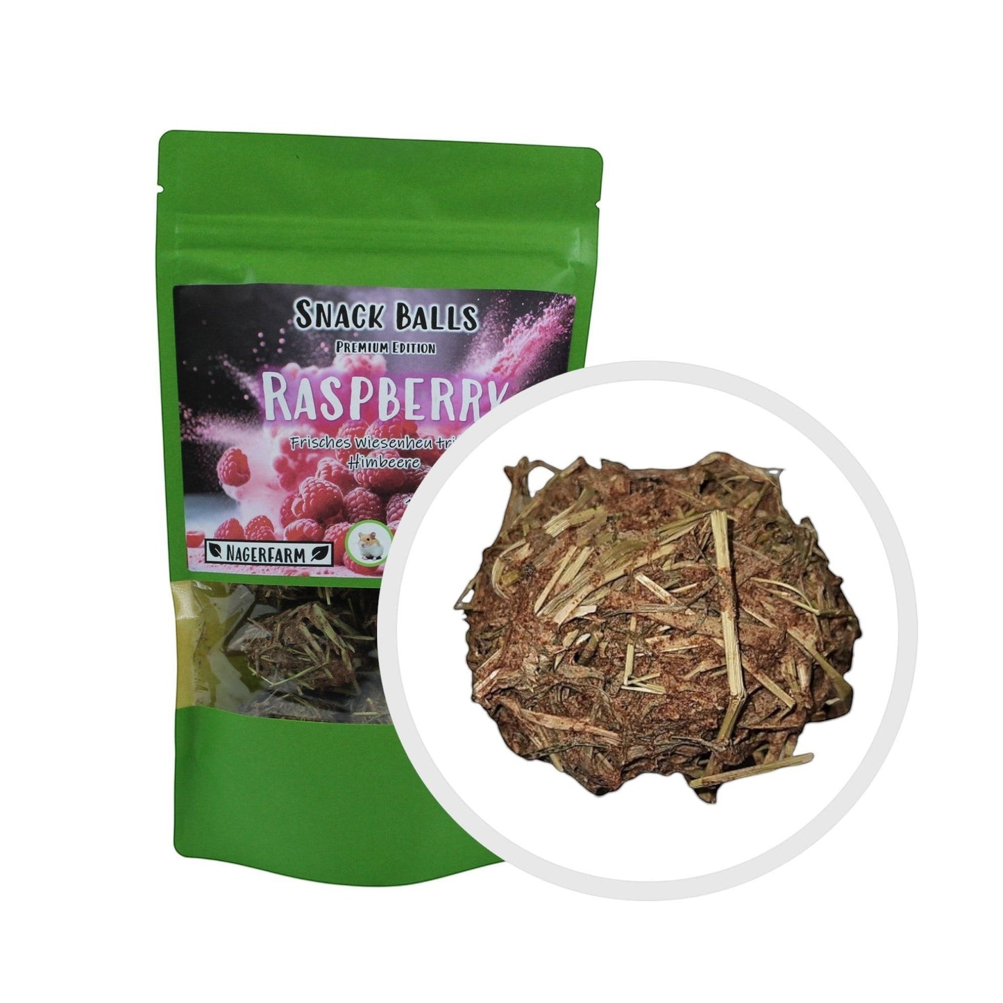 Nagerfarm Snack Balls Premium Raspberry, natural hay and raspberry treat for rabbits and guinea pigs.