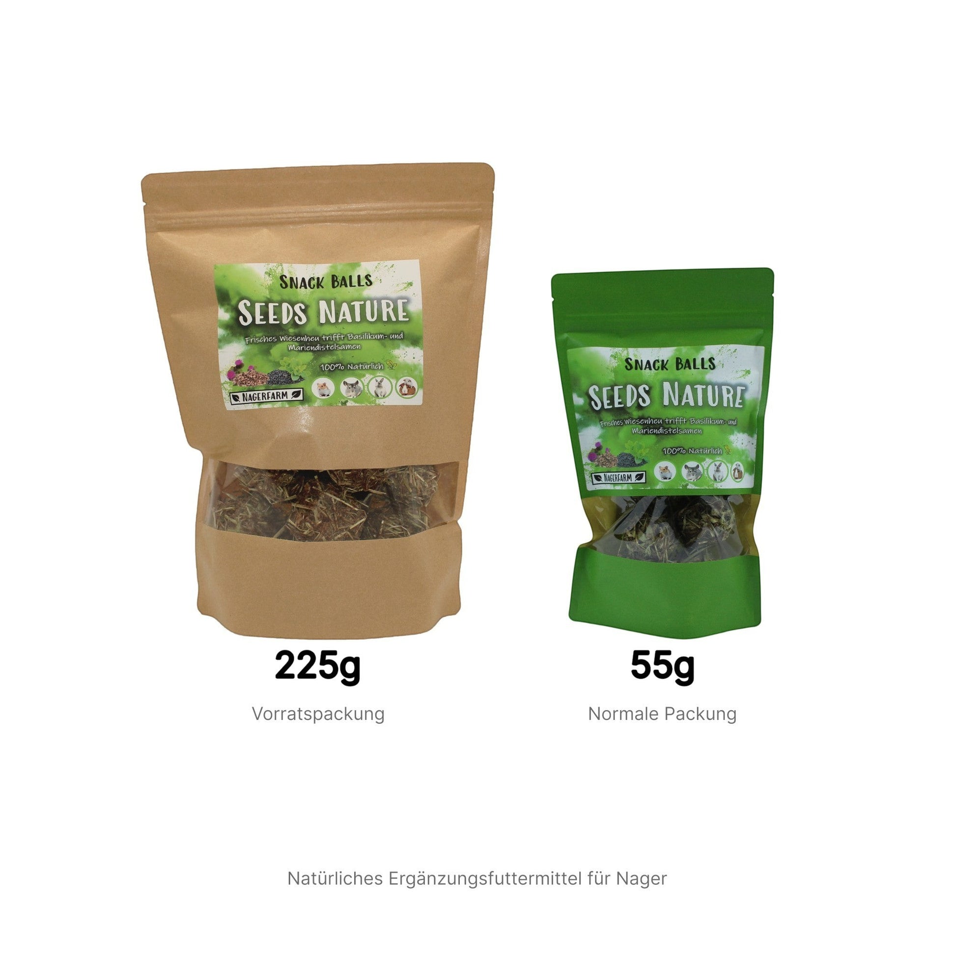 Nagerfarm Snack Balls Seeds Nature, natural hay-based treats with dill and nettle for guinea pigs and rabbits.