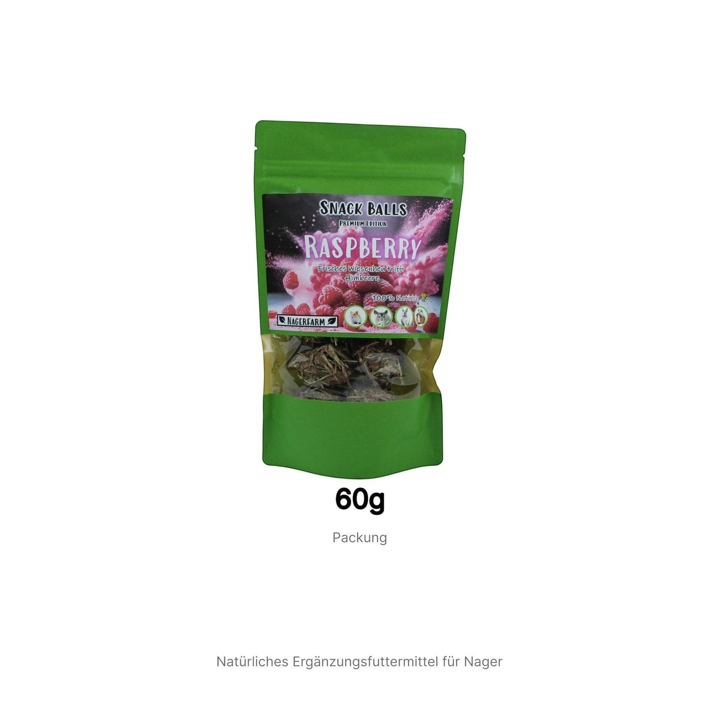 Nagerfarm Snack Balls Premium Raspberry, natural supplementary feed for rodents, made with meadow hay and raspberry.