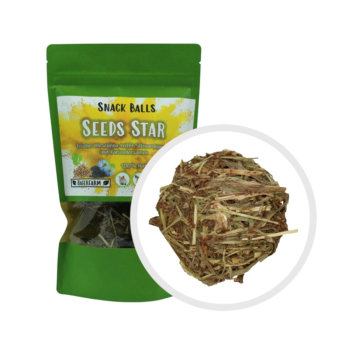 Nagerfarm Snack Balls Seeds Star, a loose, hay-based ball with visible seeds and herbs, ideal for rabbits and guinea pigs.