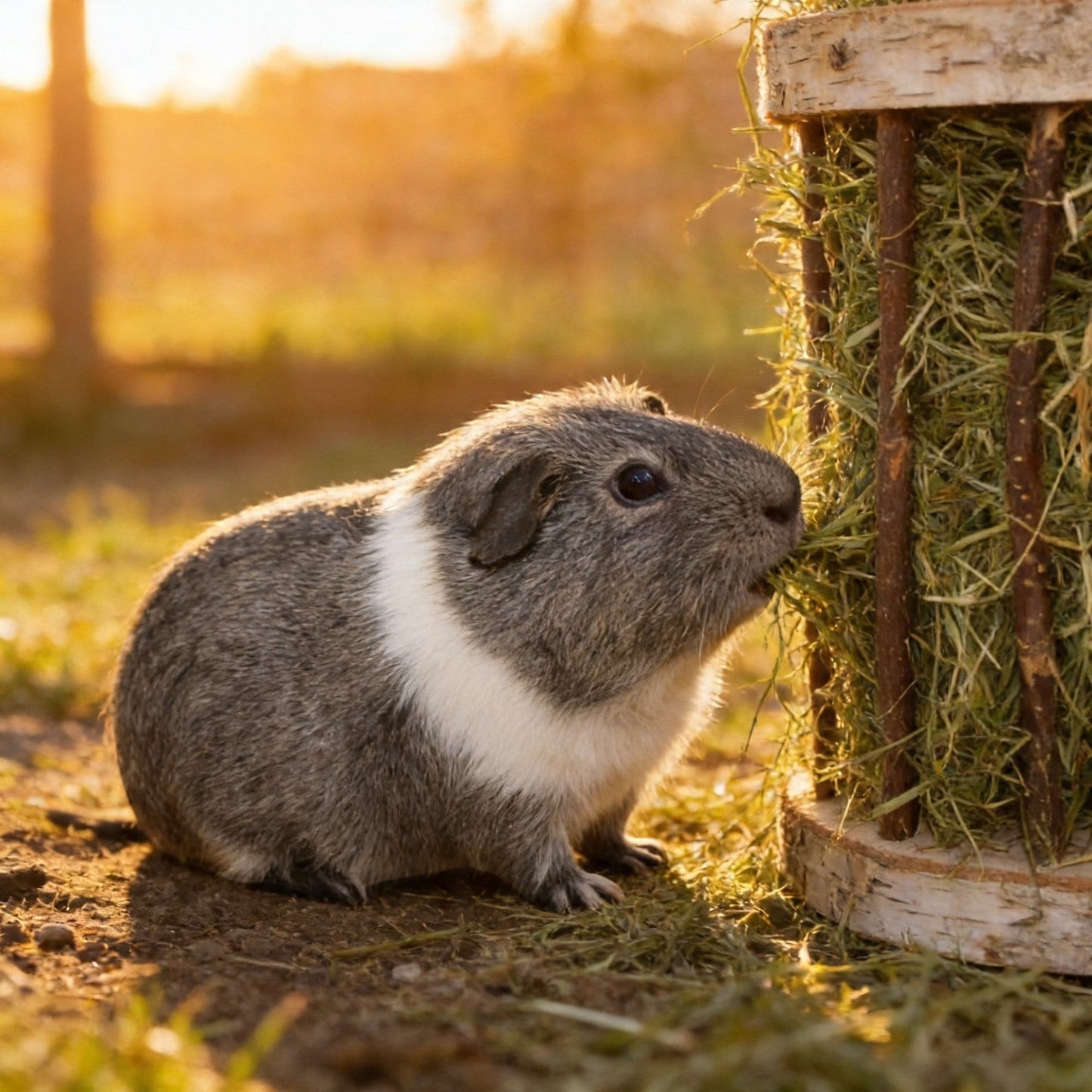 Nagerfarm Easy Two wooden hay feeder with optimal bar spacing for guinea pigs eating hay.