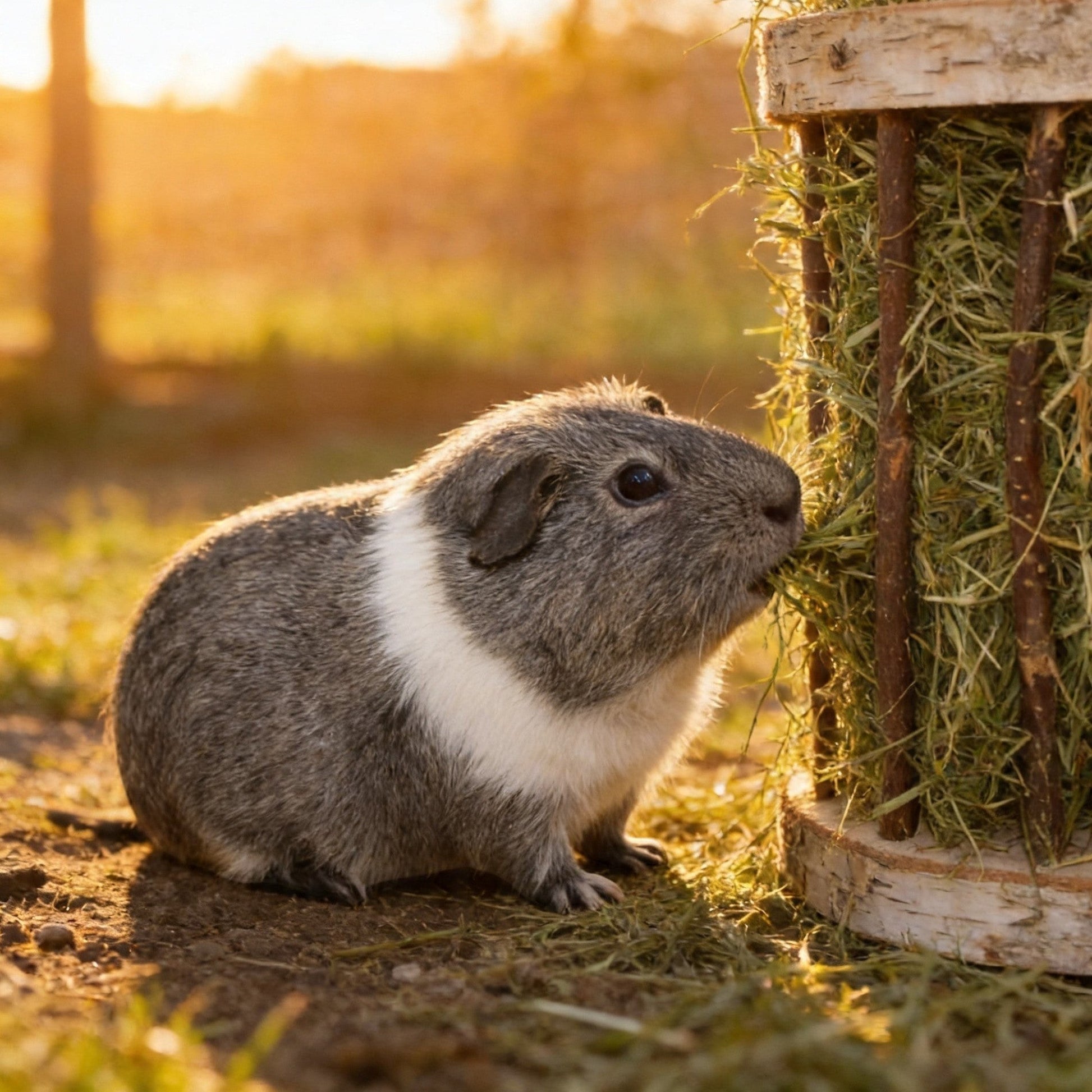 Nagerfarm Easy Two wooden hay feeder with optimal bar spacing for guinea pigs eating hay.