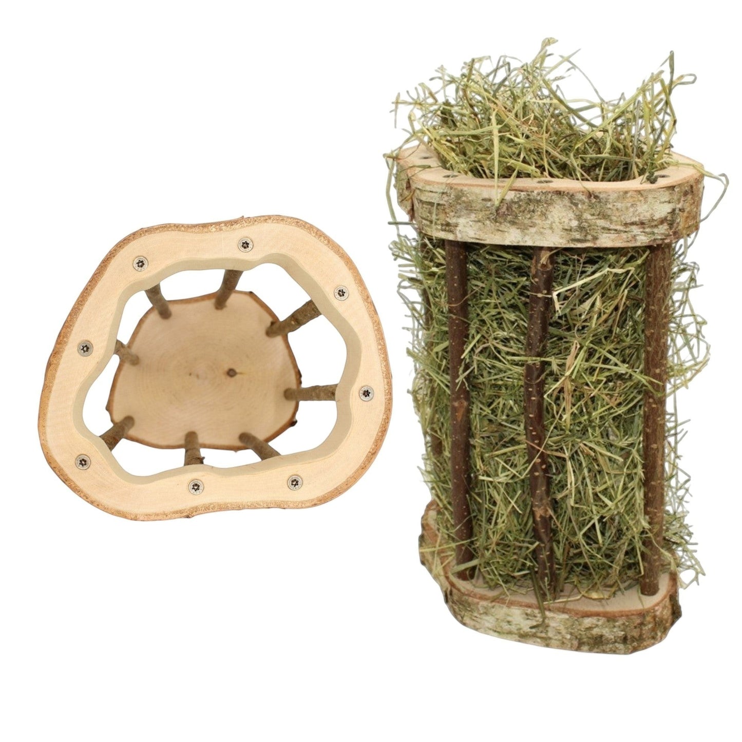 Nagerfarm Easy Two wooden hay feeder with optimal bar spacing for fine hay, natural wood.