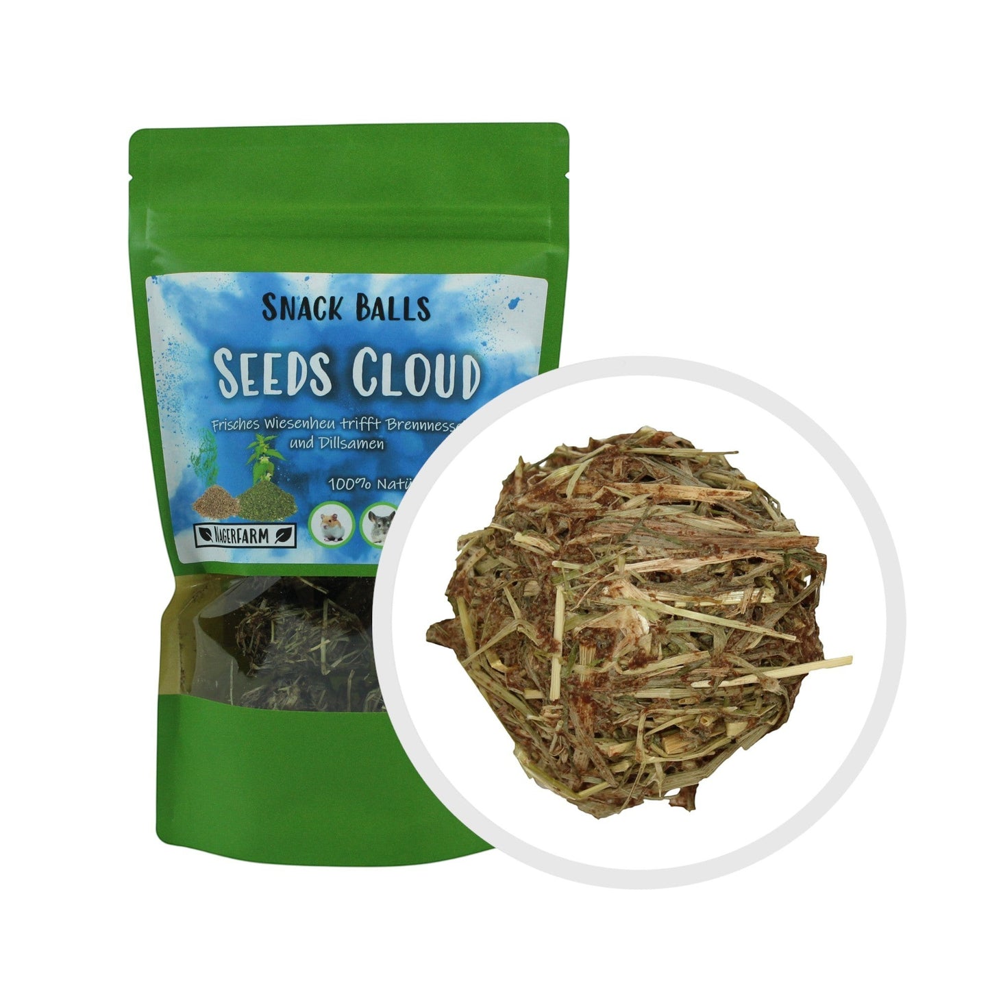 Nagerfarm Seeds Cloud snack balls for small animals, made from hay, nettle, and dill seeds.