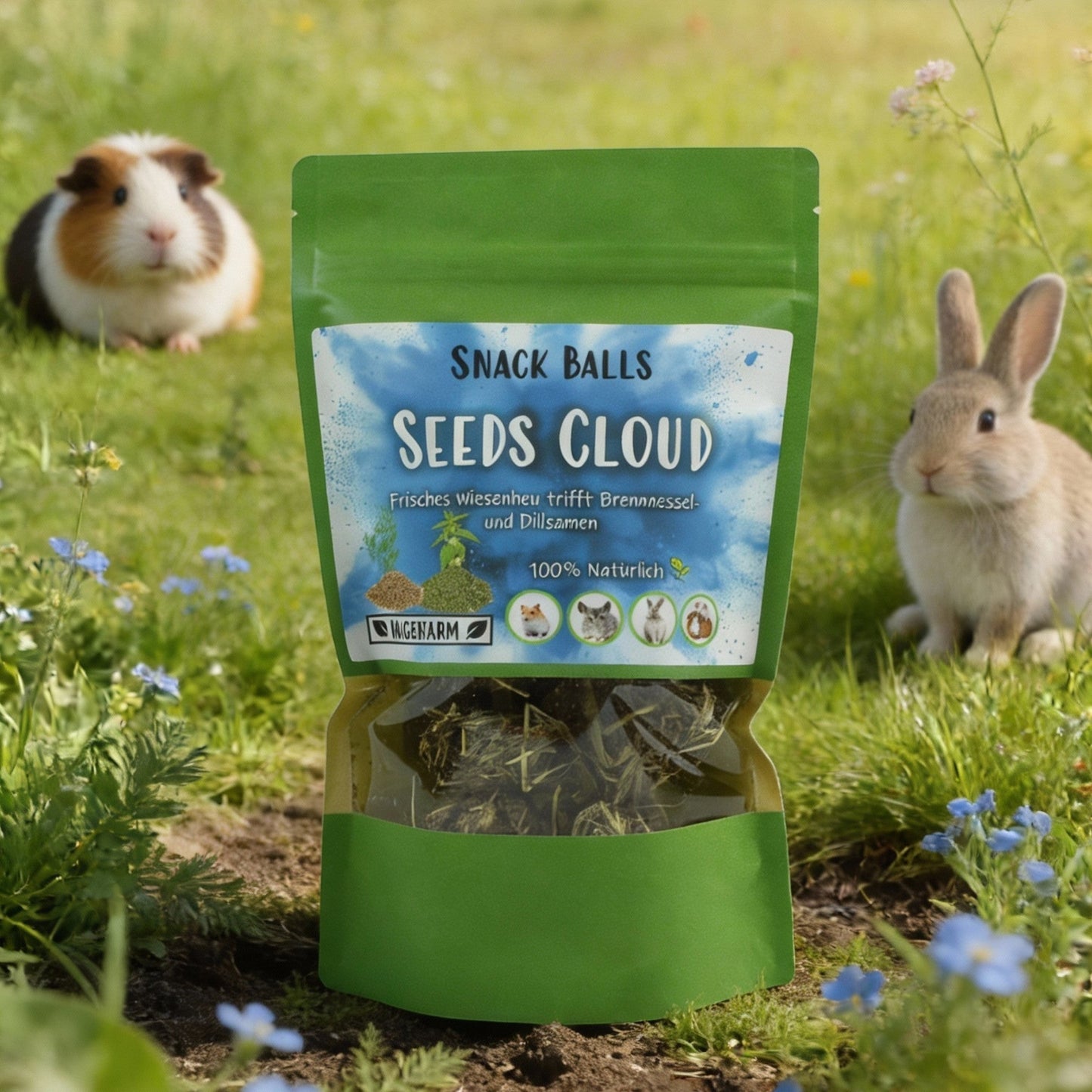 Nagerfarm Seeds Cloud snack balls for small animals, featuring hay, nettle, and dill seeds. Grain-free.