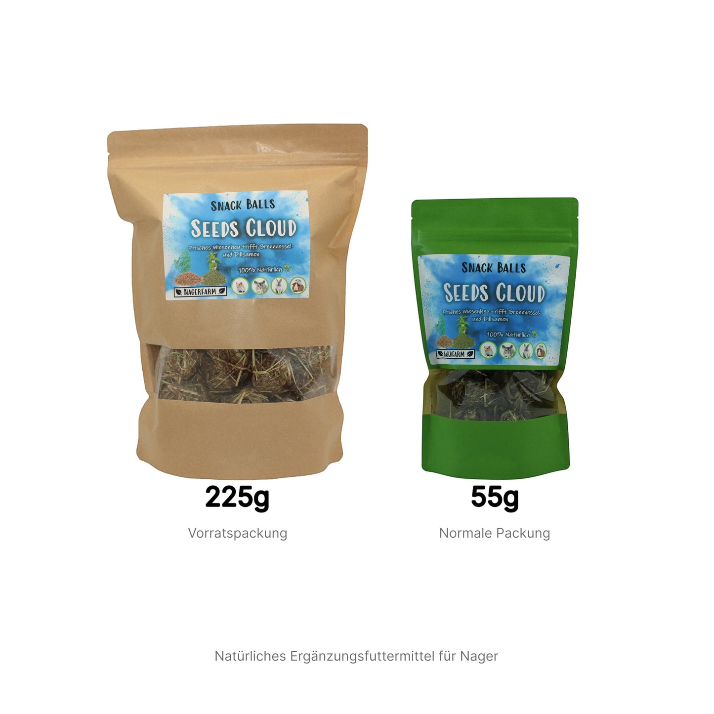 Nagerfarm Seeds Cloud snack balls for small animals, made with fresh meadow herbs, nettle, and chamomile. Grain-free.