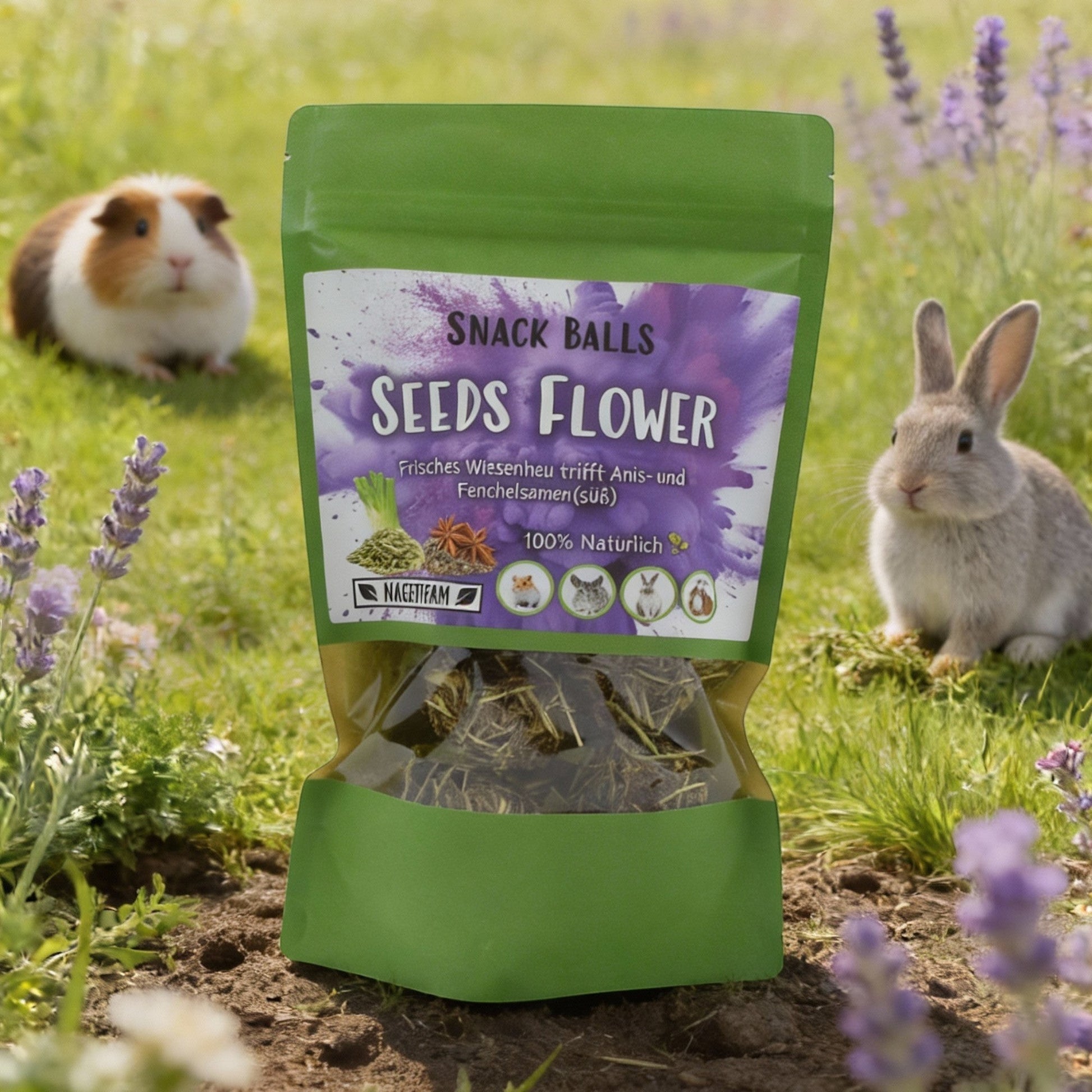 Nagerfarm Snack Balls Seeds Flower for guinea pigs and rabbits, made with meadow hay, fennel, and anise.